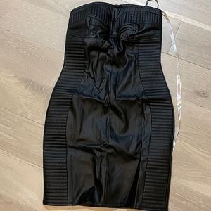 Black faux leather bandeau mini dress